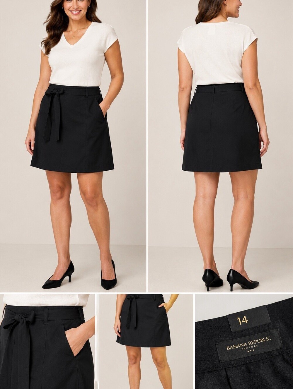 Banana Republic Factory Black A-Line Tie Waist Skirt Women’s Size 14 NWT Pockets